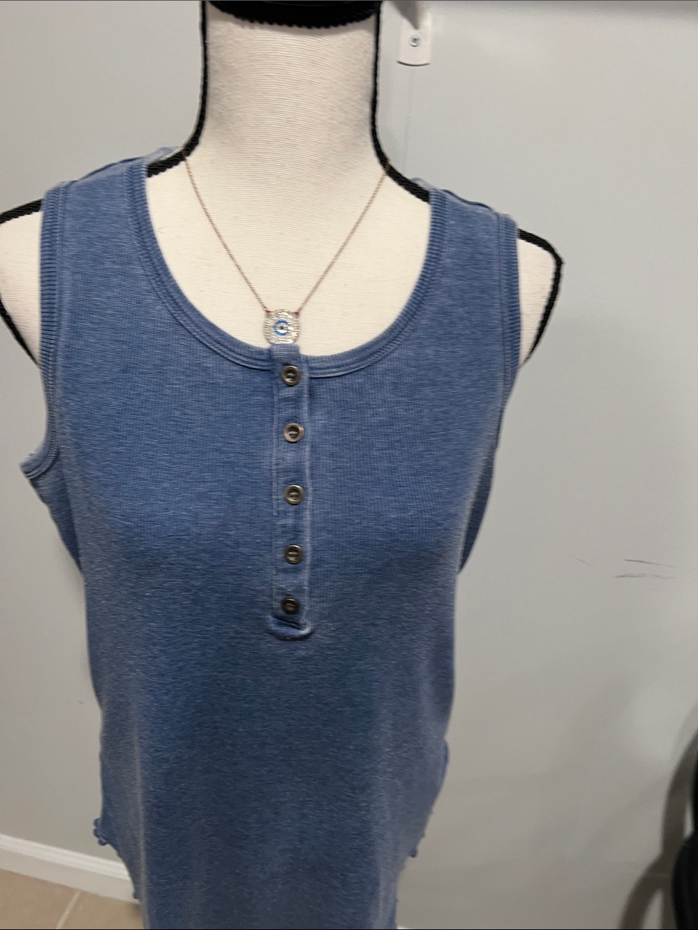 Washed Blue Ribbed Henley Tank Top - Women's Sleeveless Knit - Picture 3 of 10